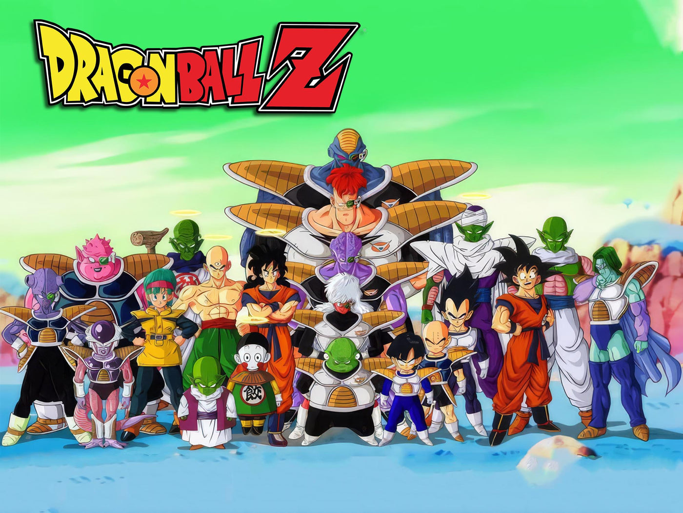 A dynamic group photograph of all the "Dragon Ball Z" characters and villains assembled on the fictional Planet Namek. The characters are positioned in various action stances, showcasing their unique costumes and powers