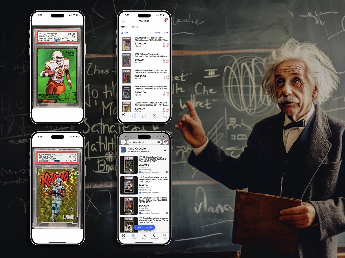 Four images of an iPhone, with two showing eBay listings on their screens and the other two displaying cards in PSA slabs. In the background, an image of Albert Einstein writing a complex formula on a chalkboard