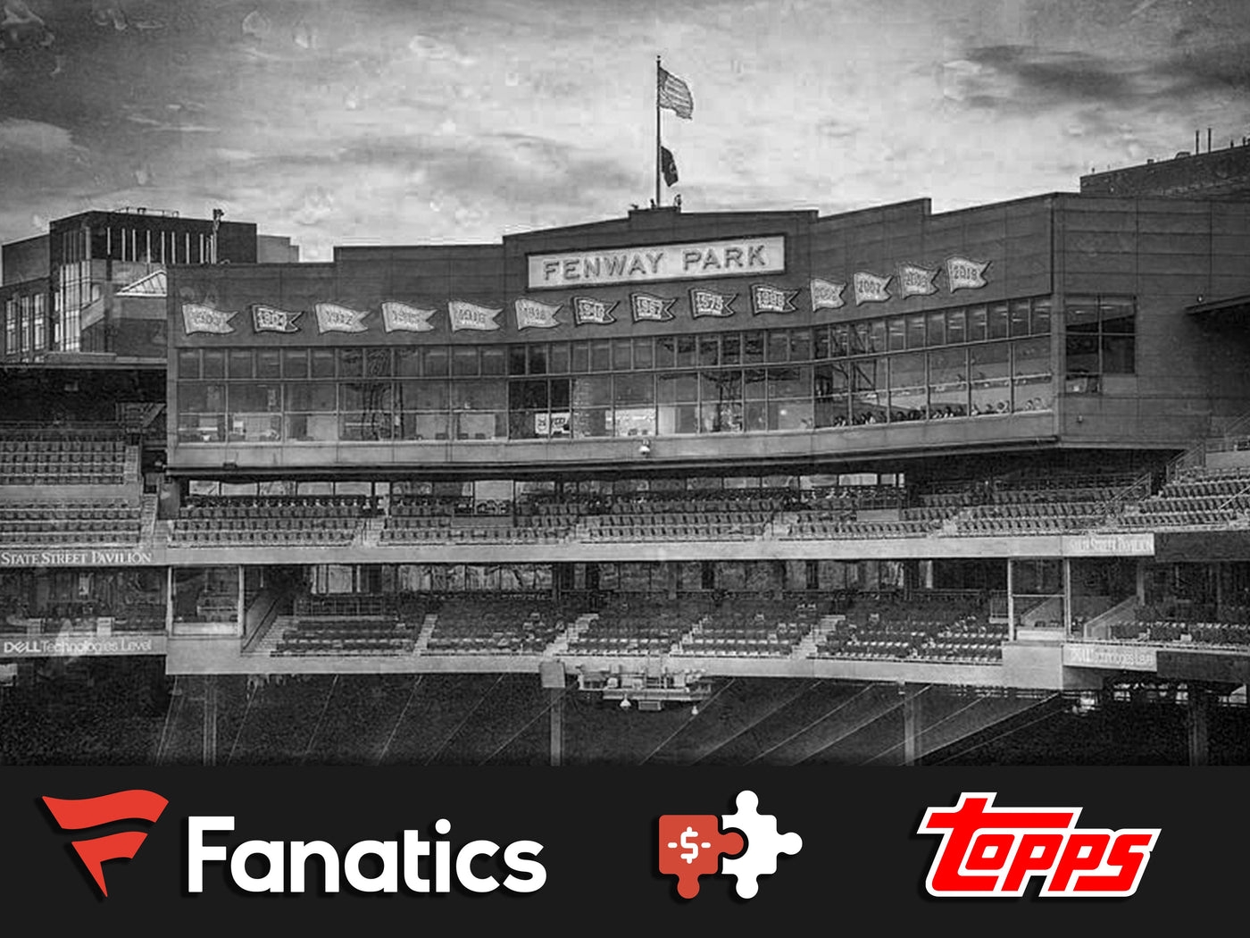Grayscale image of a Fenway Park the Fanatics and Topps logos displayed underneath it