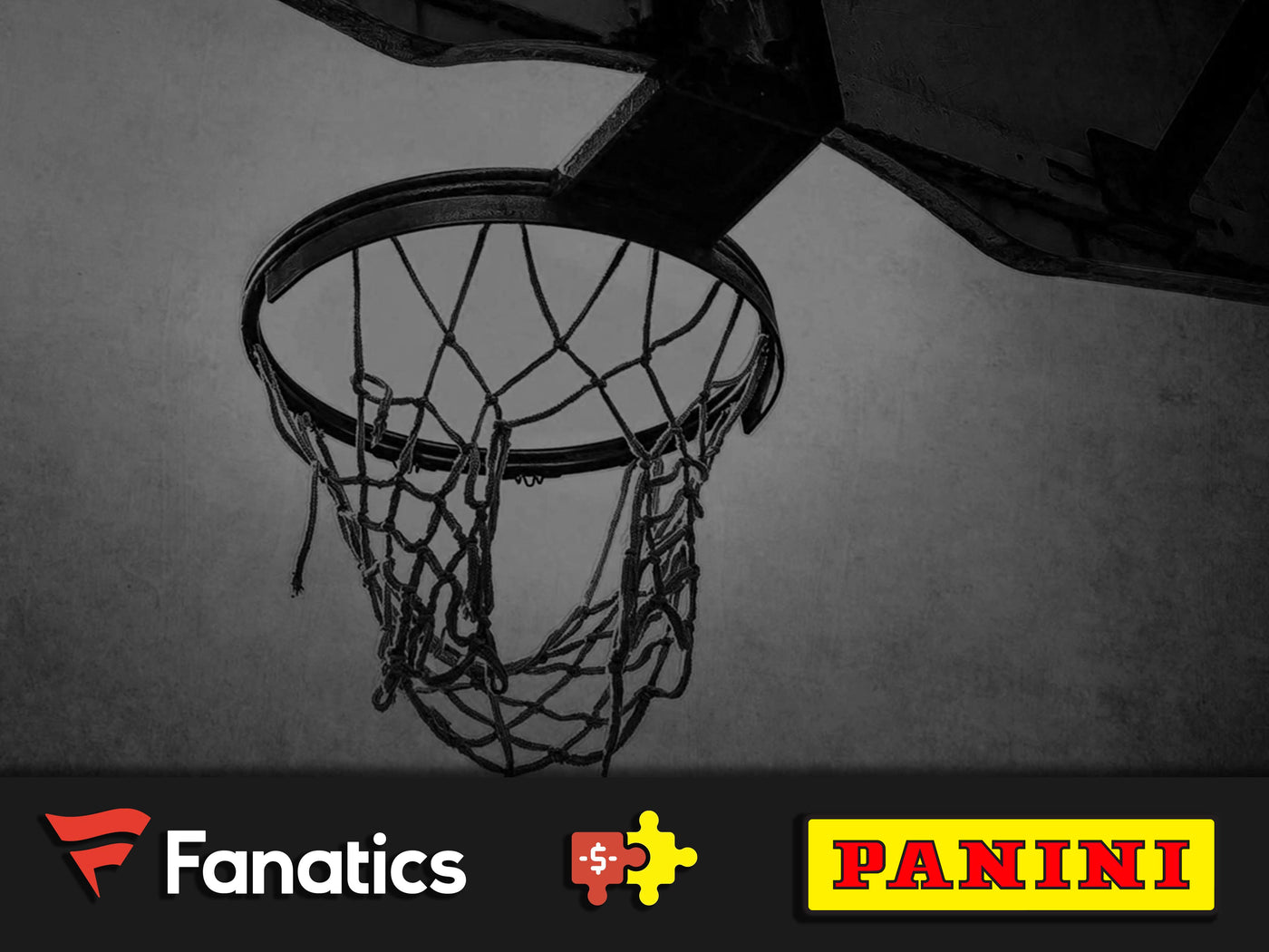 Grayscale image of a basketball rim and net with the Fanatics and Panini logos displayed underneath it