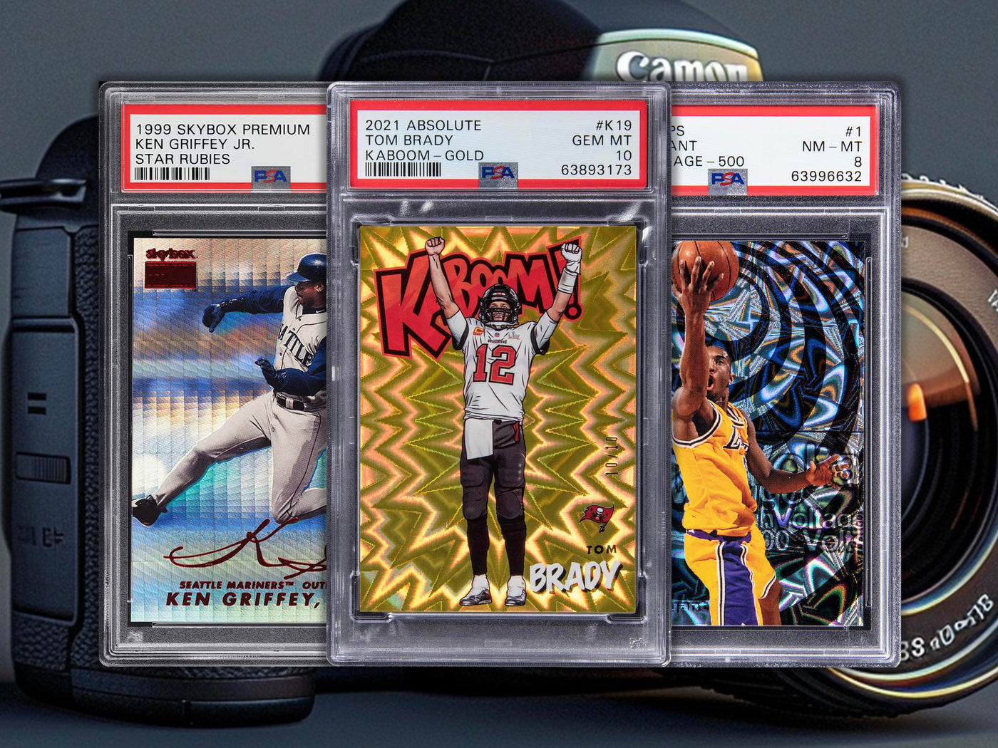 Image featuring three PSA slabs: a Tom Brady Gold Kaboom, Ken Griffey Jr. Star Rubies, and Kobe Bryant High Voltage 500, with a camera-themed background