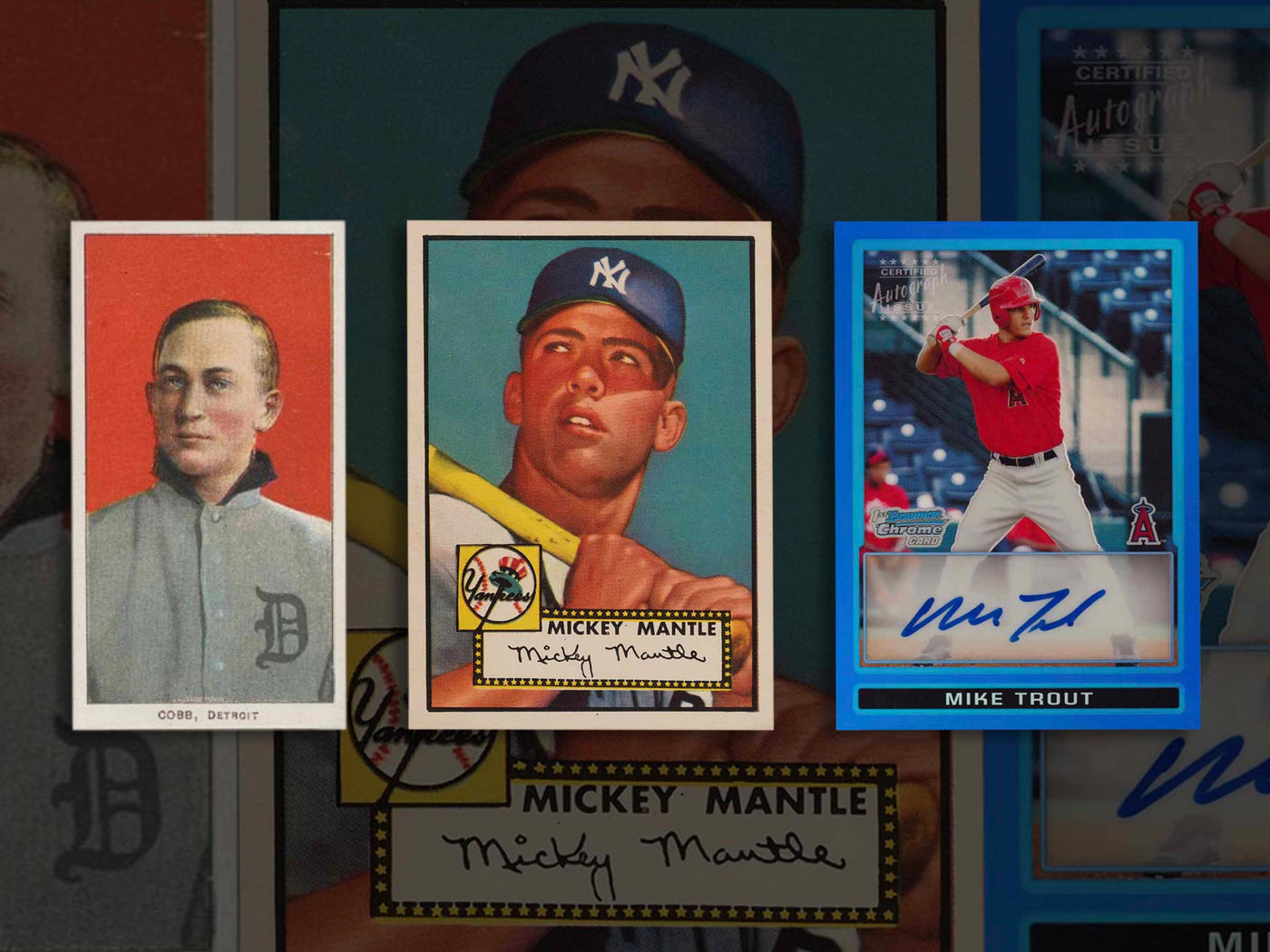 Three classic baseball cards displayed side by side. From left to right: a 1909 T206 featuring Ty Cobb, a 1952 Topps card of Mickey Mantle, and a 2009 Bowman Chrome Refractor Autograph card of Mike Trout