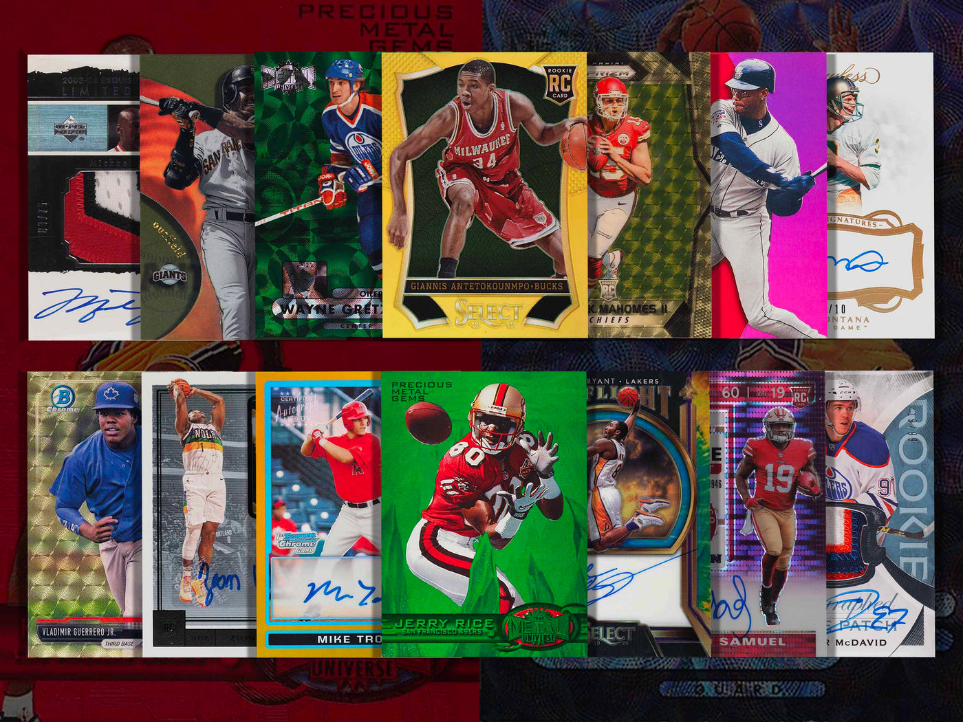 Fourteen different sports card inserts displayed on a white background, showcasing a variety of premium styles including Gold Refractors, Gold Prizms, Essential Credentials, Gold Vinyls, Green PMGs, Rookie Patch Autos (RPA), and Super Short Prints (SSP)