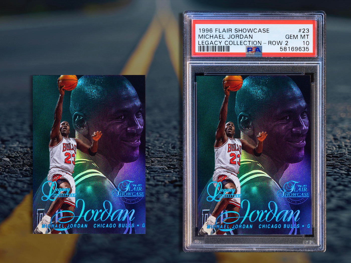 Image of a 1996 Flair Showcase Legacy Collection Row 2 Michael Jordan basketball card displayed in two conditions: raw and ungraded on the left, and encased in a PSA grading slab on the right, illustrating the transformation from raw to graded condition