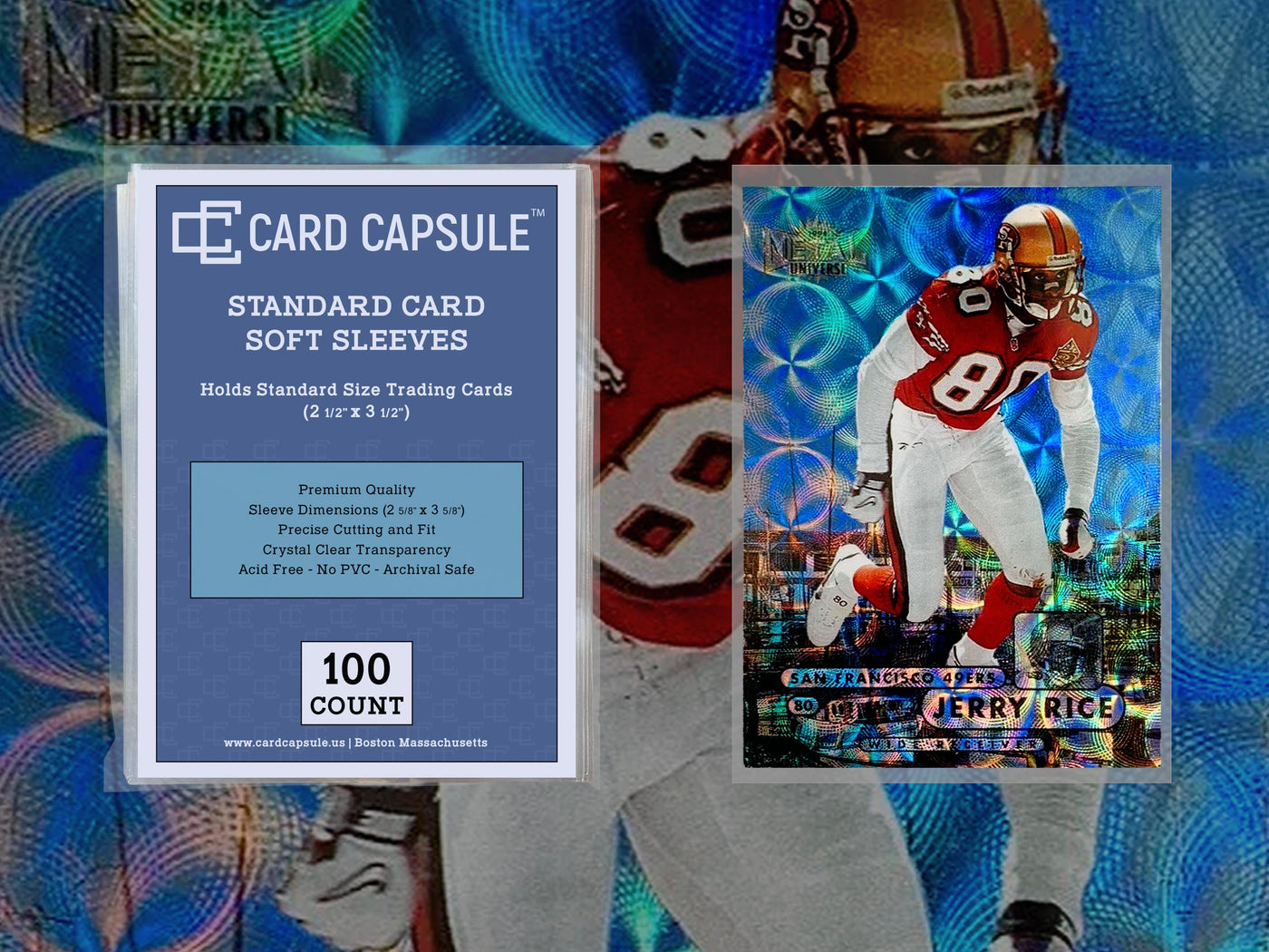 A pack of 100 Card Capsule standard size penny sleeves for sport cards, featuring a 1998 Metal Universe Precious Metal Gems PMG Jerry Rice football card inside a card sleeve