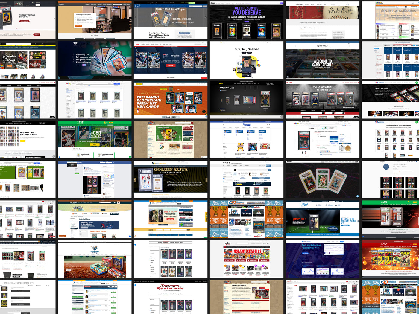 Wallpaper-style collage showcasing various online websites where sports and trading cards are available for purchase