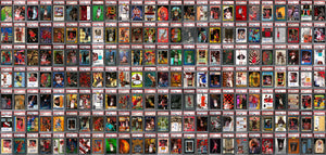 Wallpaper collage featuring hundreds of rare Michael Jordan insert cards, each encased in PSA slabs, creating a vibrant and extensive display of sports memorabilia