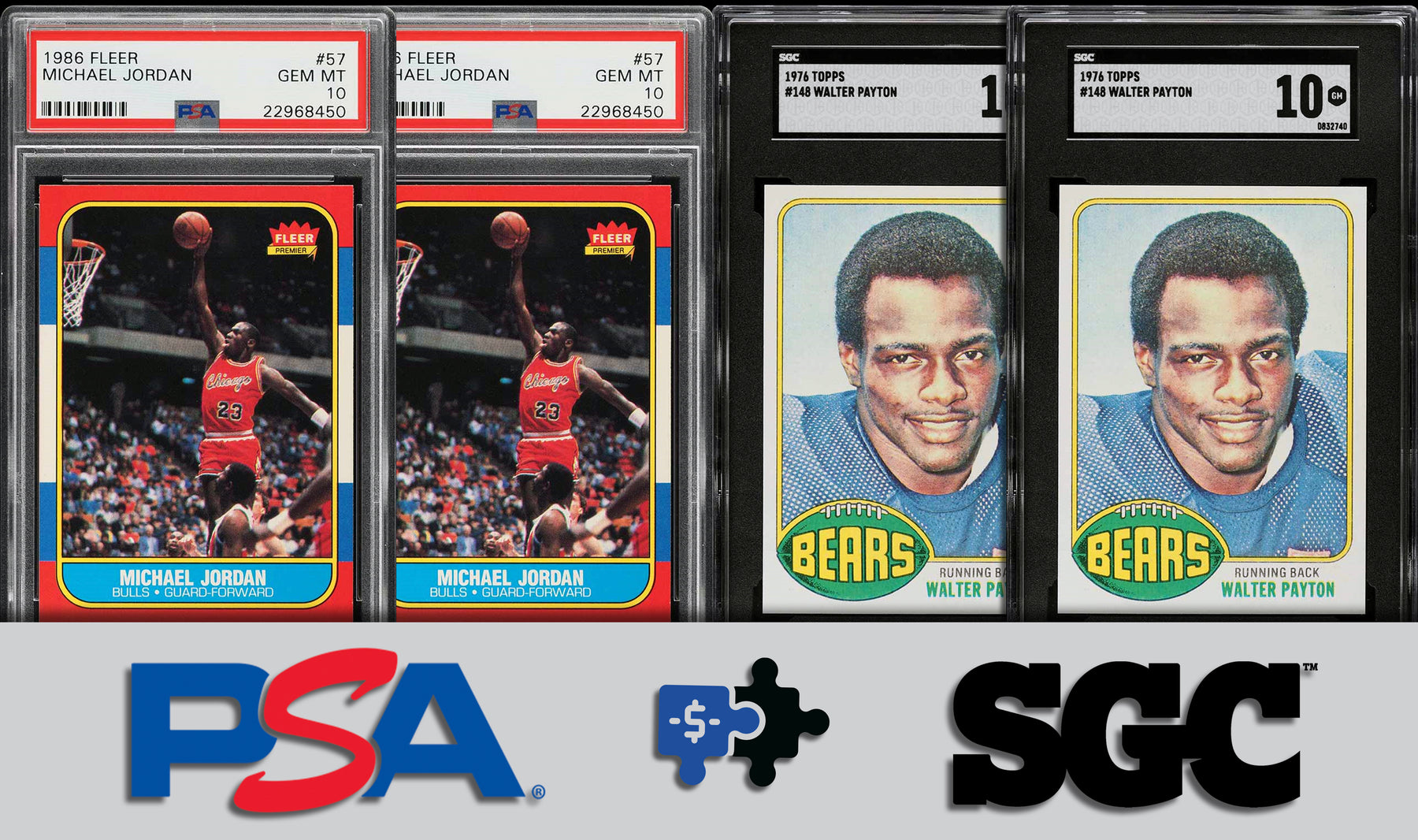 Image featuring two copies of the 1986 Fleer Michael Jordan rookie card on the left, encased in PSA slabs, and two copies of the 1976 Walter Payton rookie card on the right, in SGC slabs. Below the cards, the logos of PSA and SGC are displayed