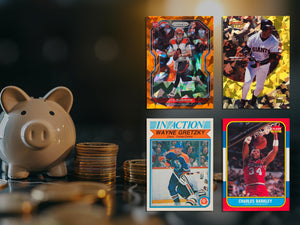 Image of a piggy bank and gold coins next to four sports cards: a 1986 Fleer Charles Barkley RC, Joe Burrow Orange Cracked, Barry Bonds Gold Refractor, and a vintage Wayne Gretzky