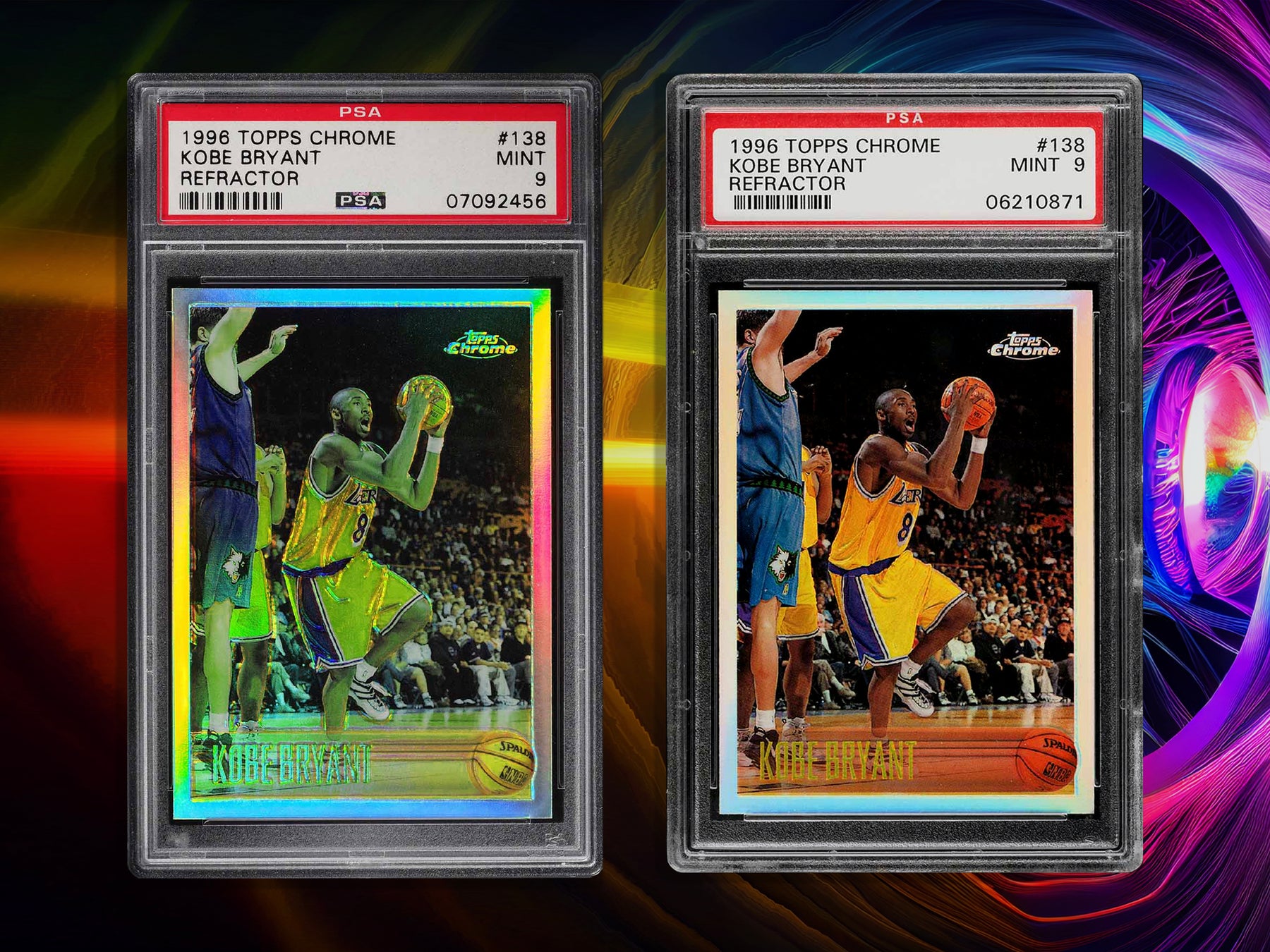 A 1996 Kobe Bryant Topps Chrome Refractor card encased in a PSA slab, shown before and after exposure to UV light, which causes the card to begin turning green