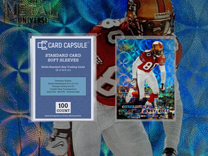 A pack of 100 Card Capsule standard size penny sleeves for sport cards, featuring a 1998 Metal Universe Precious Metal Gems PMG Jerry Rice football card inside a card sleeve
